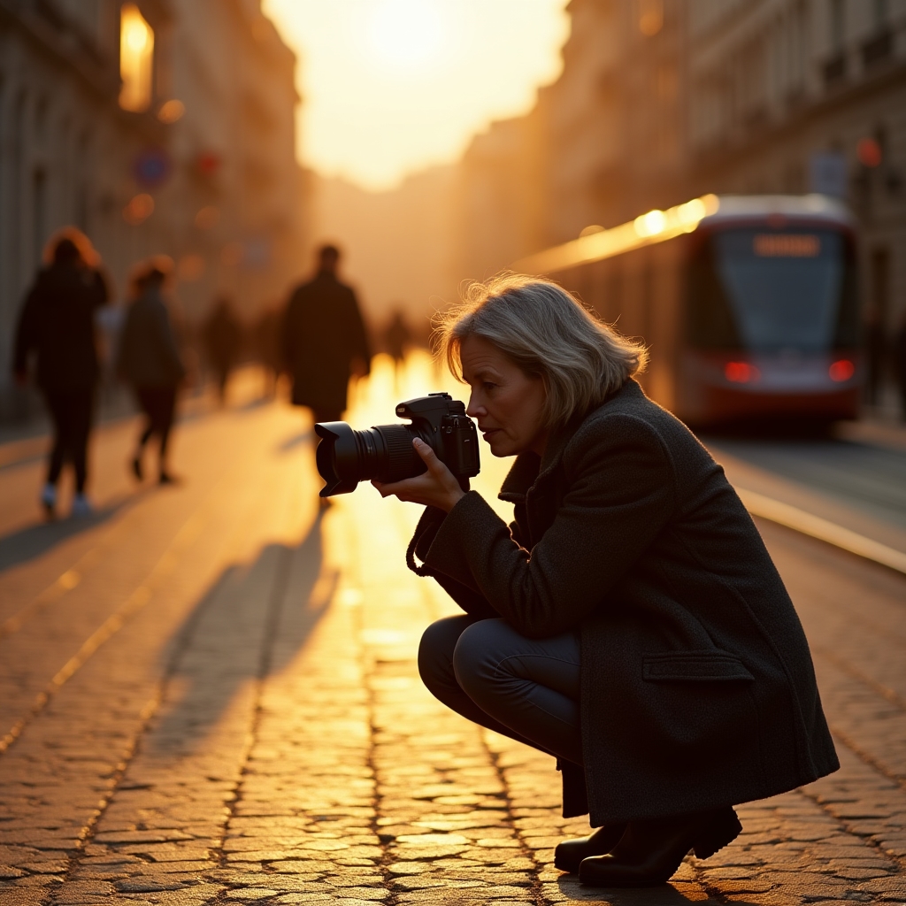 Zaawansowany fotograf dokumentujący scenę uliczną w Krakowie podczas zachodu słońca