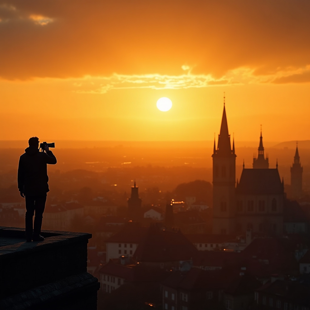 Złota godzina nad polskim miastem, fotograf z aparatem na tle świetlistego nieba