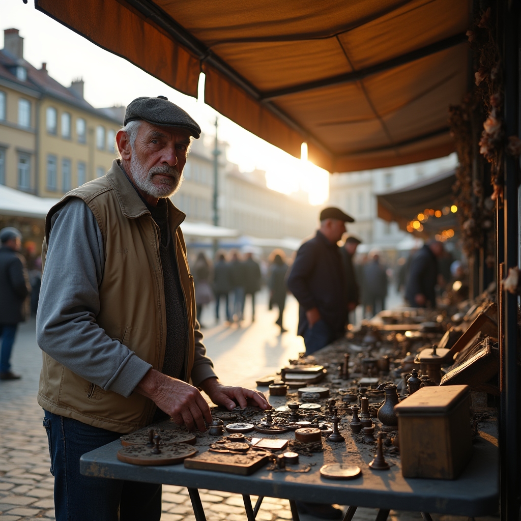 Kazimierz o świcie, handel na placu, sprzedawca układający towar przy straganach