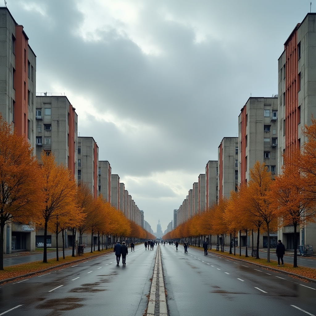 Panorama Nowej Huty, dokumentalna fotografia architektury socrealistycznej z przechodniami