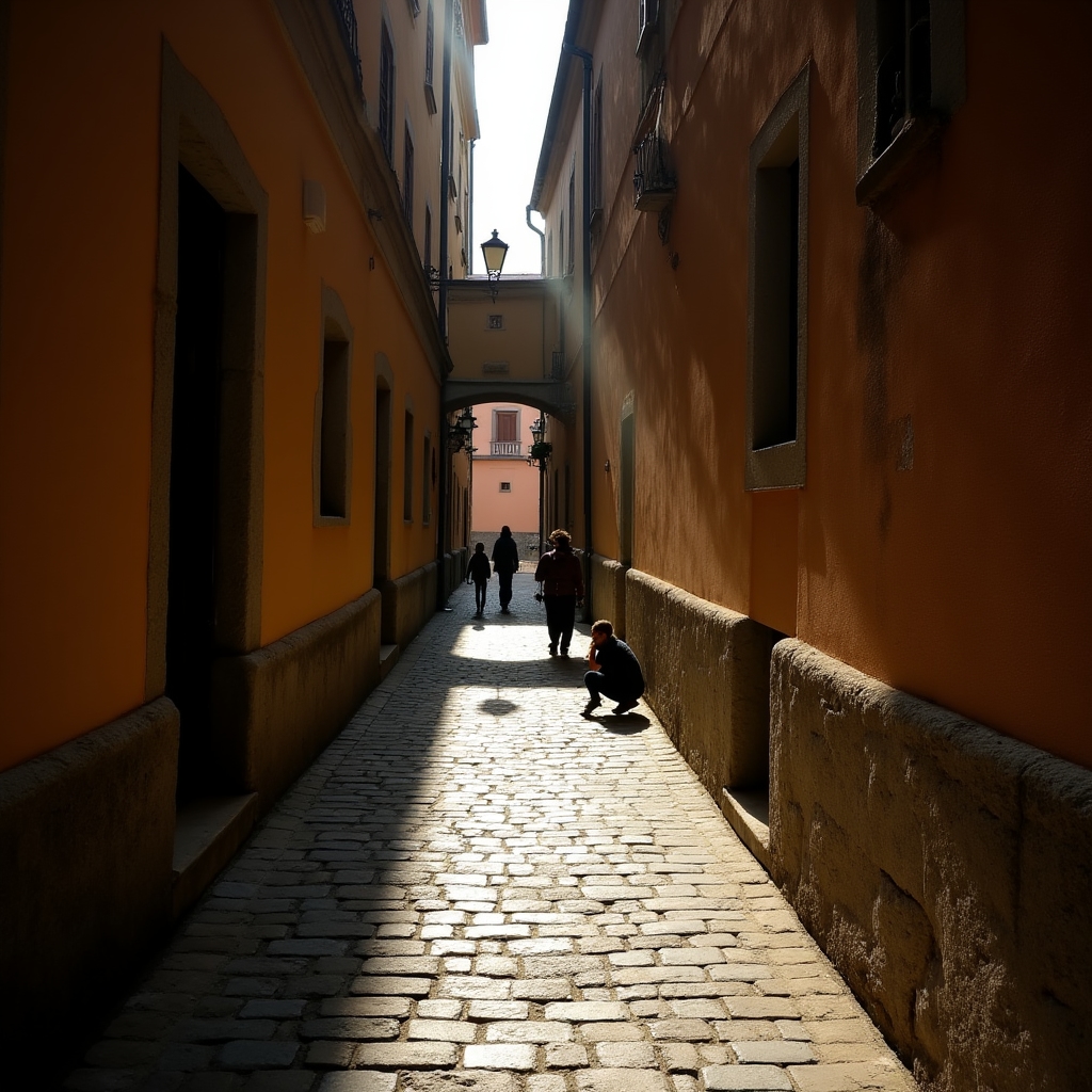 Wąska uliczka Starego Miasta, gra cieni i przechodnie w tle