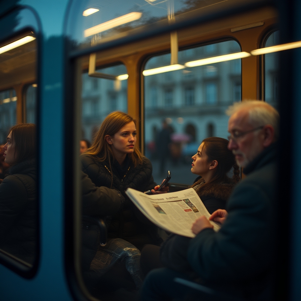 Pasażerowie tramwaju w Krakowie, fotografia uliczna w naturalnym świetle