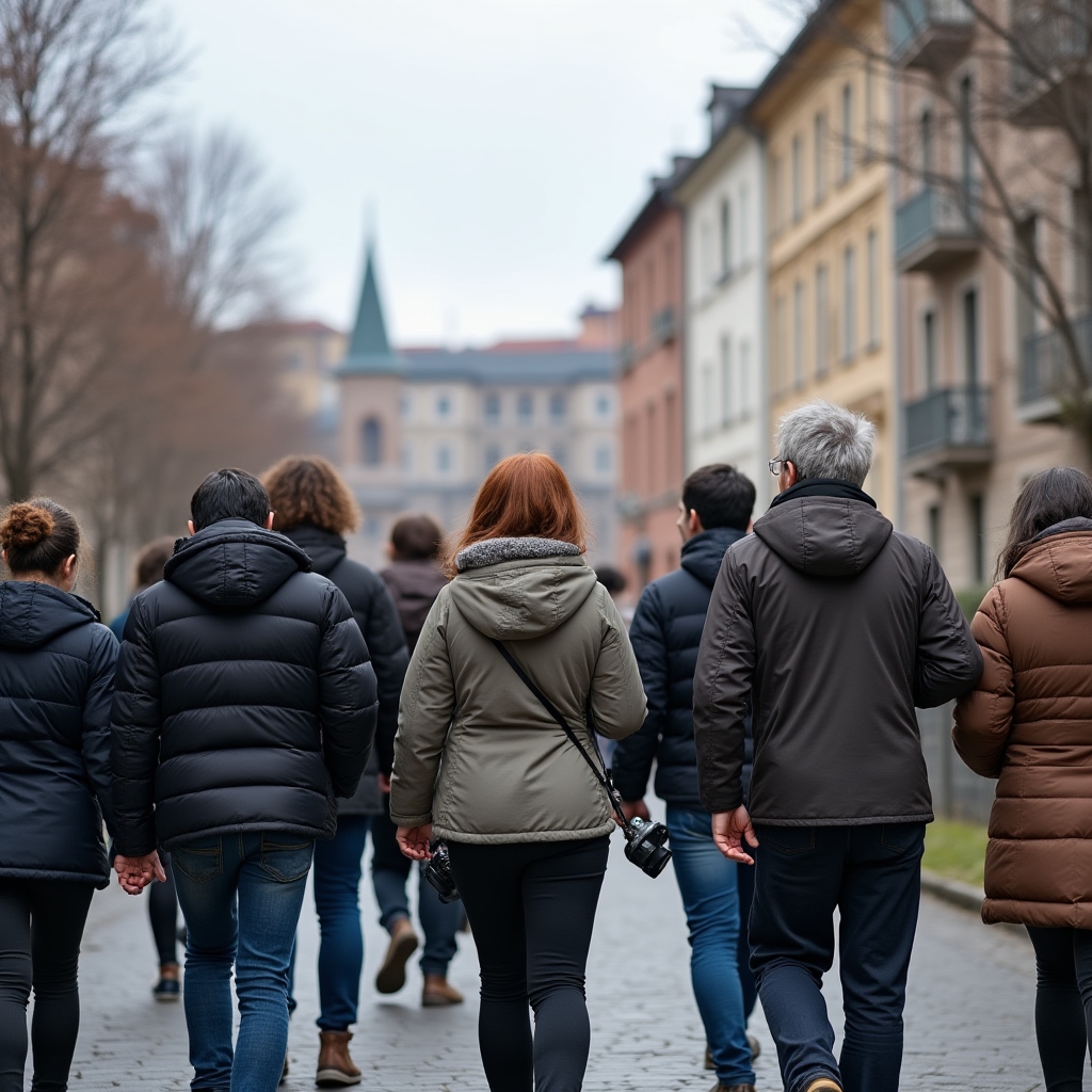 Grupa uczestników warsztatów fotograficznych podczas wspólnego spaceru po Kazimierzu w Krakowie